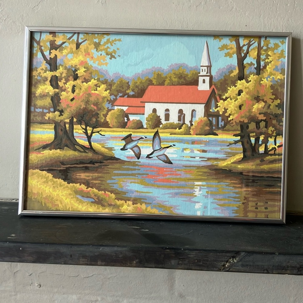 Framed vintage 70s Paint by Numbers Autumn Landscape Painting